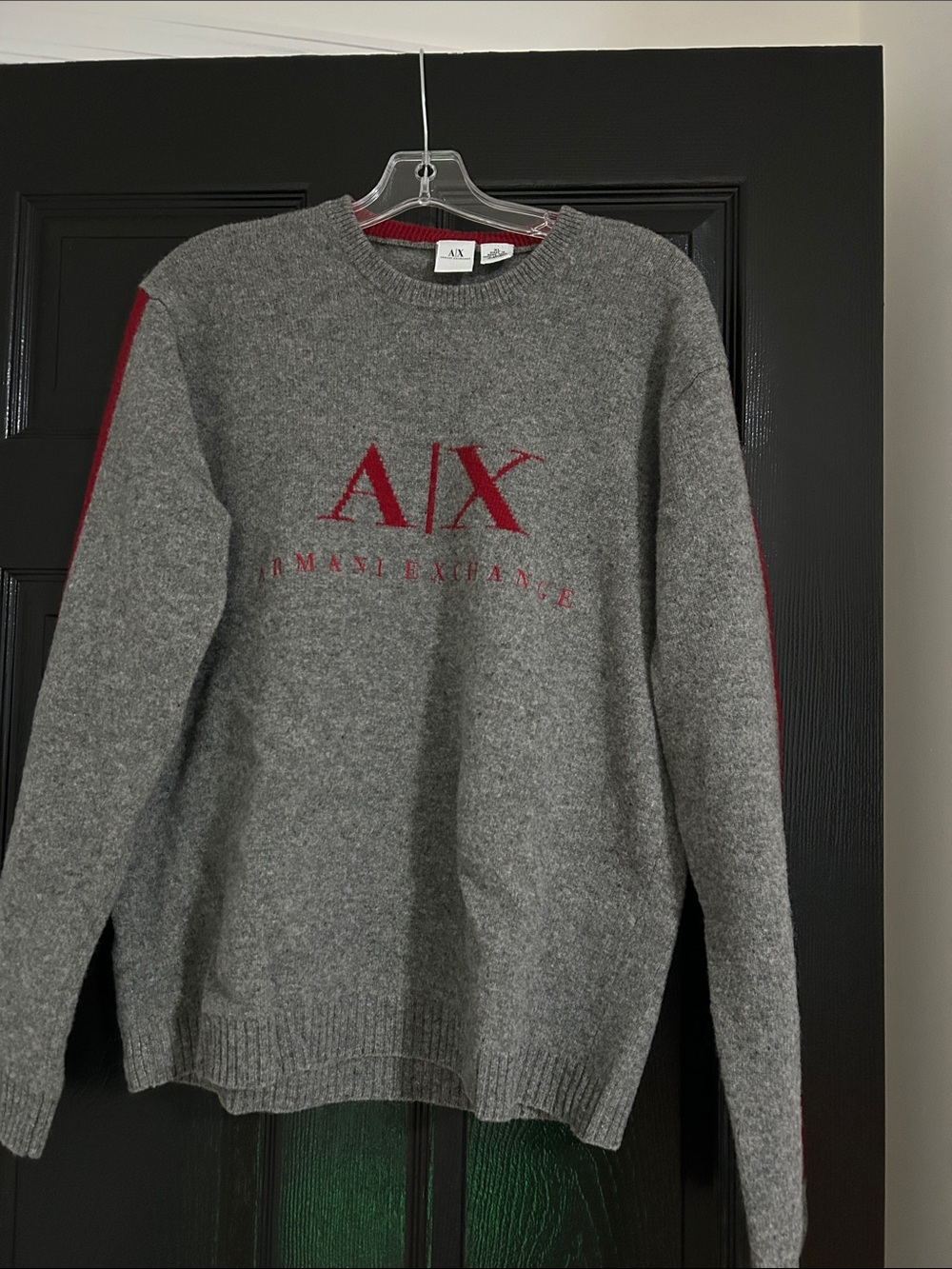 A/X Armani Exchange Gray Crewneck Sweater with Red Logo & Stripe